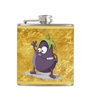Cartoon eggplant with big eyes green hair 2 flask