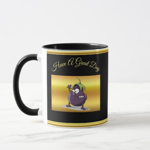 Cartoon eggplant with big eyes green hair 2 mug