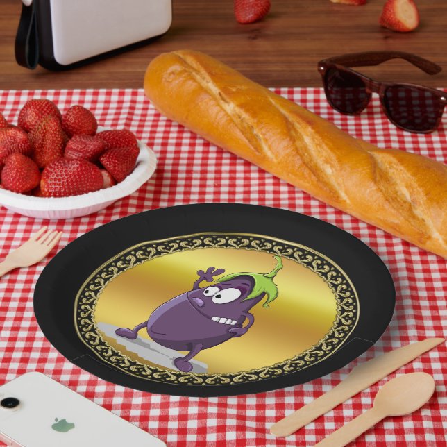 Cartoon eggplant with big eyes green hair 2 paper plates (Picnic)