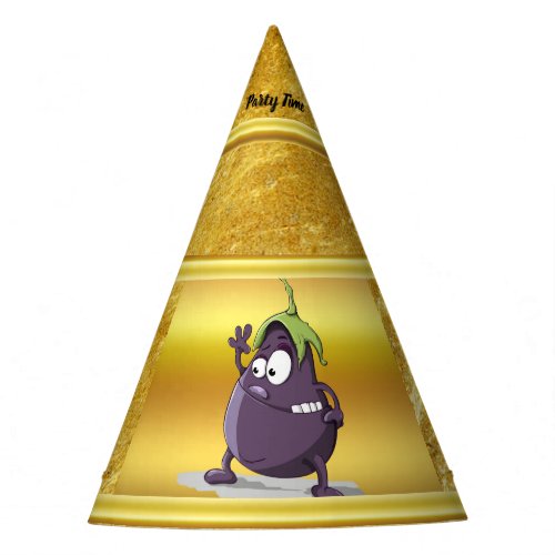 Cartoon eggplant with big eyes green hair 2 party hat