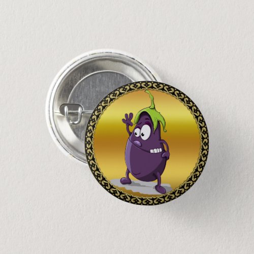 Cartoon eggplant with big eyes green hair 2 pinback button