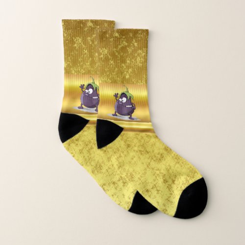 Cartoon eggplant with big eyes green hair 2 socks