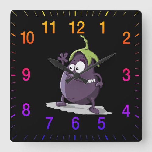 Cartoon eggplant with big eyes green hair 2 square wall clock