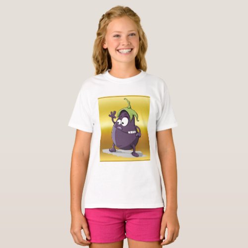 Cartoon eggplant with big eyes green hair 2 T_Shirt