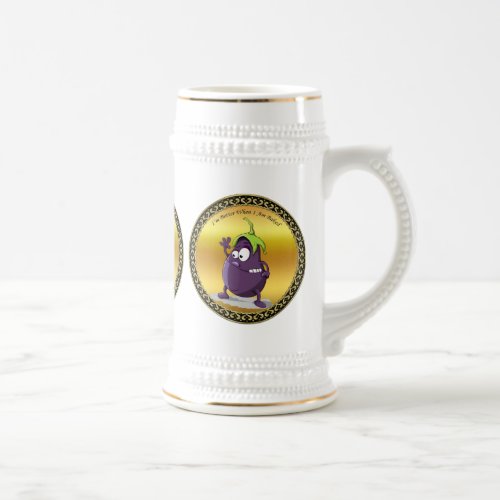 Cartoon eggplant with big eyes green hair beer stein