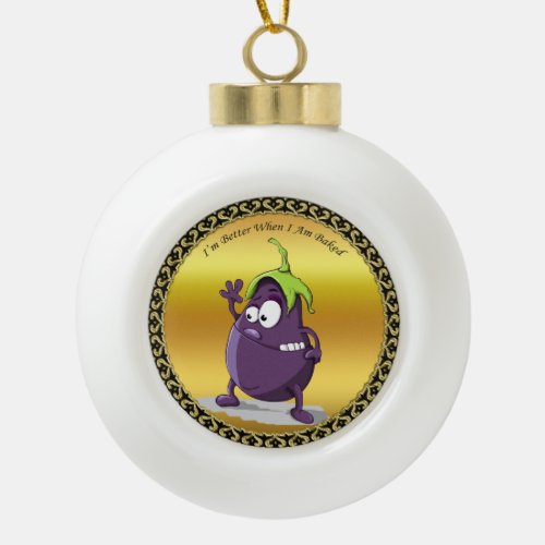 Cartoon eggplant with big eyes green hair ceramic ball christmas ornament