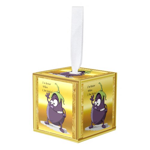 Cartoon eggplant with big eyes green hair cube ornament