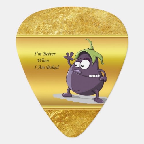 Cartoon eggplant with big eyes green hair guitar pick