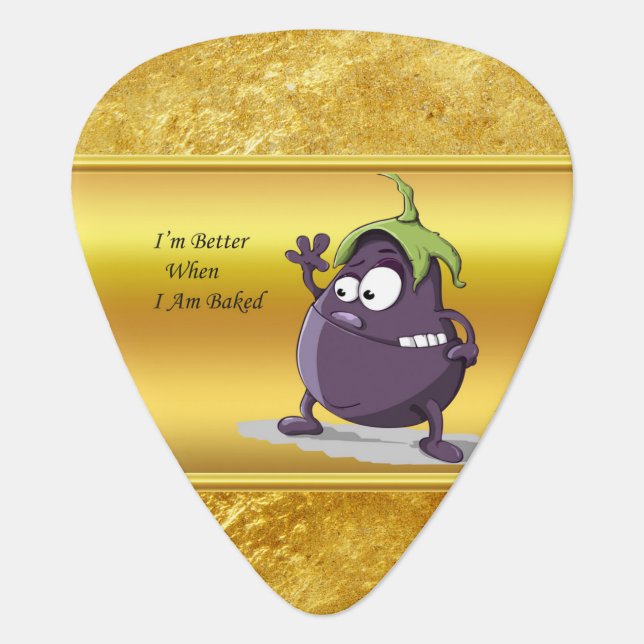 Cartoon eggplant with big eyes green hair guitar pick (Front)