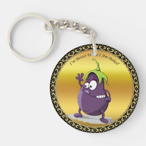 Cartoon eggplant with big eyes green hair keychain