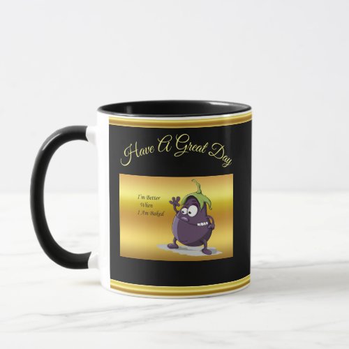 Cartoon eggplant with big eyes green hair mug