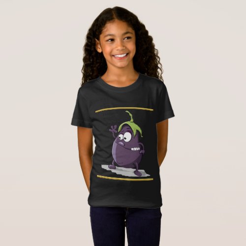 Cartoon eggplant with big eyes green hair T_Shirt