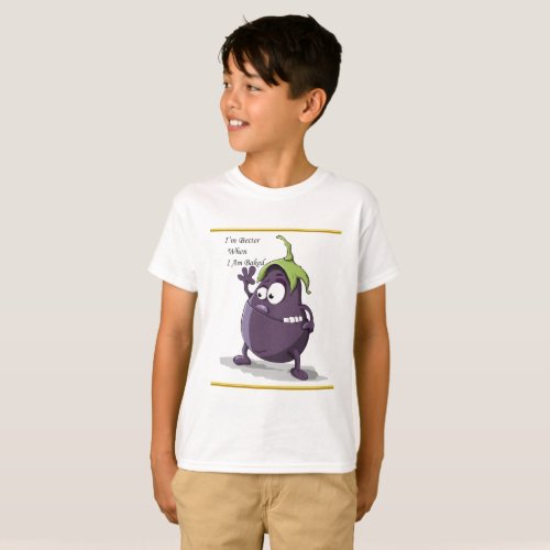 Cartoon eggplant with big eyes green hair T_Shirt