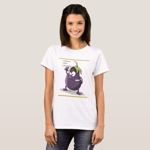 Cartoon eggplant with big eyes green hair T_Shirt