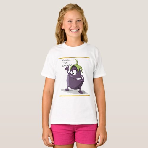 Cartoon eggplant with big eyes green hair T_Shirt