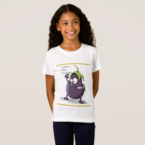 Cartoon eggplant with big eyes green hair T_Shirt