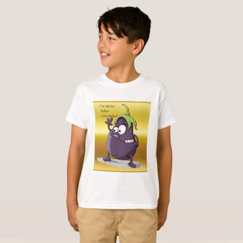 Cartoon eggplant with big eyes green hair T_Shirt