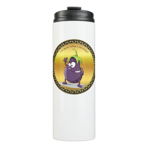 Cartoon eggplant with big eyes green hair thermal tumbler