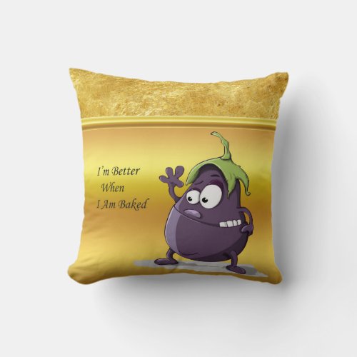 Cartoon eggplant with big eyes green hair throw pillow