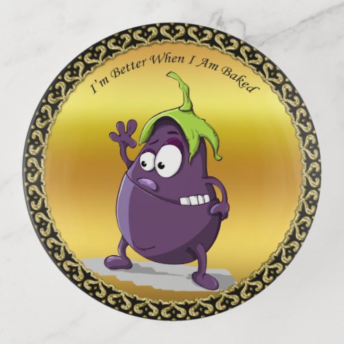 Cartoon eggplant with big eyes green hair trinket tray