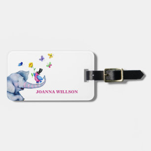 Cartoon Elephant And Butterflies Luggage Tag