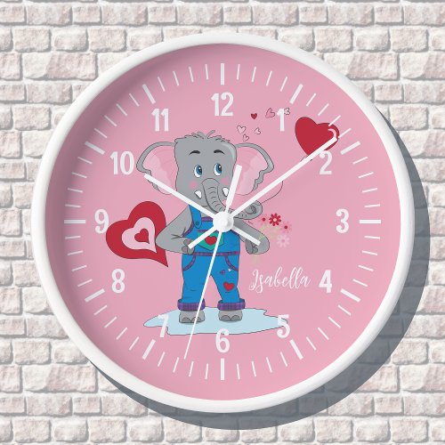 Cartoon Elephant and Hearts Girl Pink Wall Clock