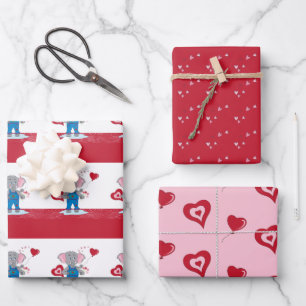 Cartoon Elephant Pink Red Hearts Valentine's Day Wrapping Paper Sheets