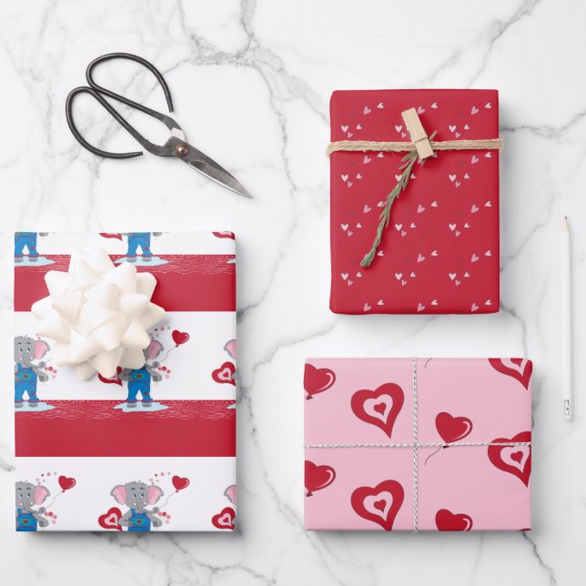 Cartoon Elephant | Pink Red Hearts Valentine's Day Wrapping Paper Sheets (Front)
