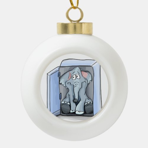 Cartoon elephant sitting inside a refrigerator ceramic ball christmas ornament