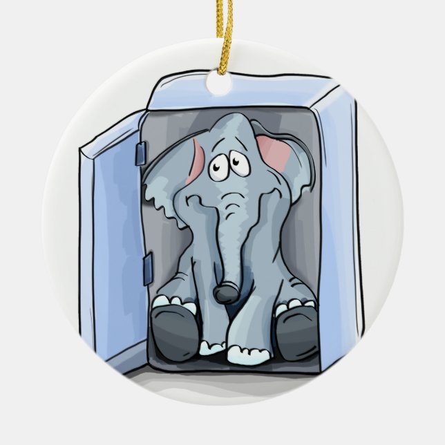 Cartoon elephant sitting inside a refrigerator ceramic ornament (Front)