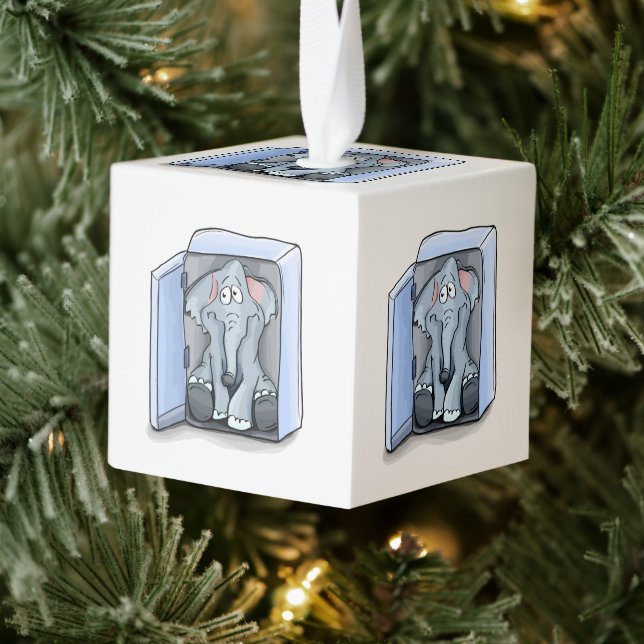 Cartoon elephant sitting inside a refrigerator cube ornament (Tree)