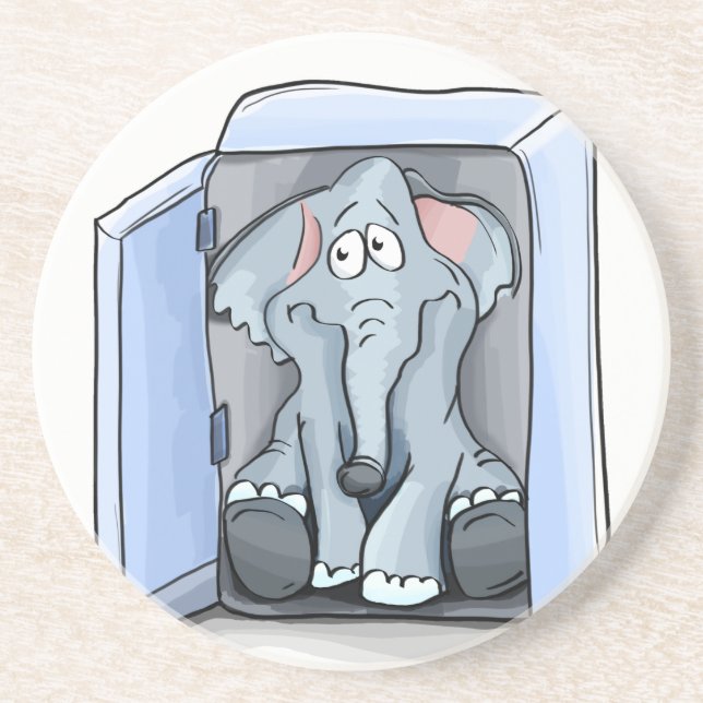 Cartoon elephant sitting inside a refrigerator drink coaster (Front)