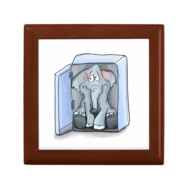 Cartoon elephant sitting inside a refrigerator jewelry box (Front)