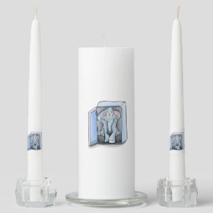 Cartoon elephant sitting inside a refrigerator unity candle set