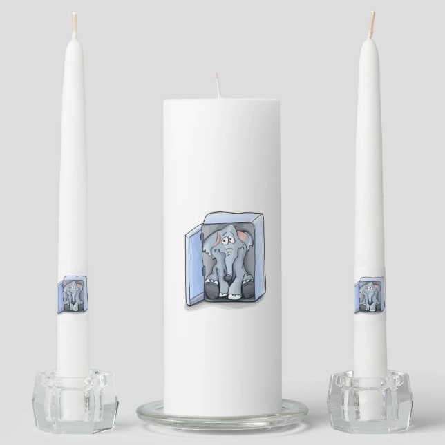 Cartoon elephant sitting inside a refrigerator unity candle set (Front)