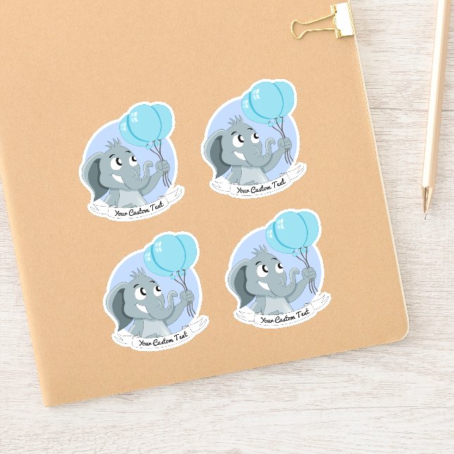 Cartoon elephant with blue balloons and text stick sticker (Notebook)