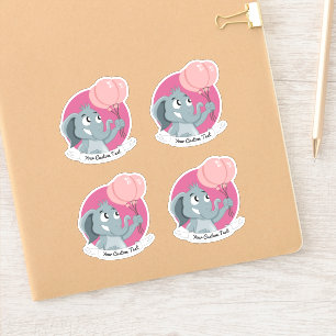 Cartoon elephant with pink balloons and text sticker
