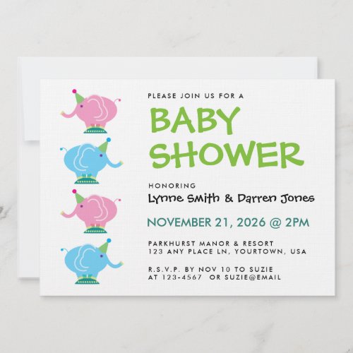 Cartoon Elephants Girl Baby Shower Invitation