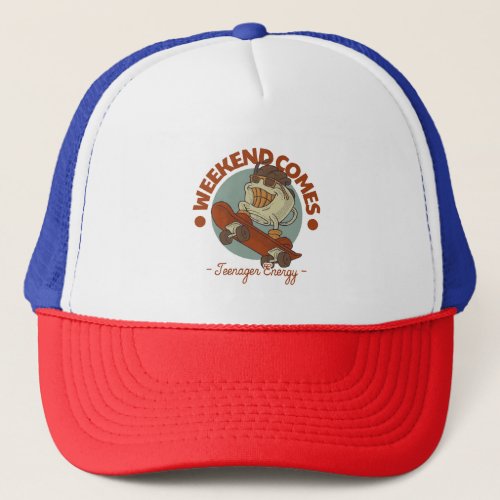 cartoon emblem of skateboarder coffee cup mascot w trucker hat