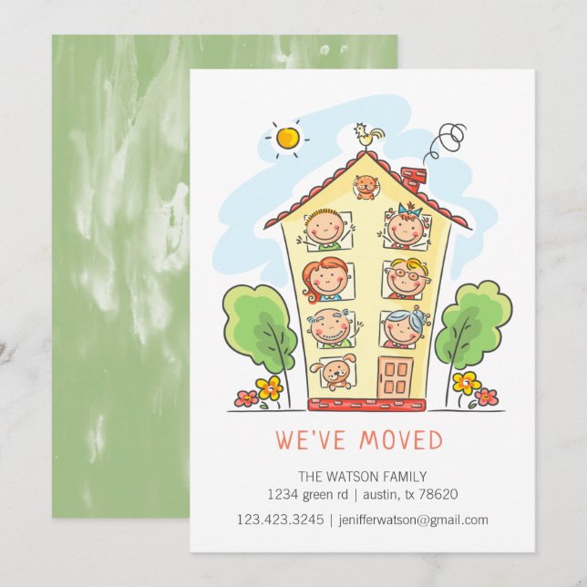 Cartoon Family Home Moving Announcement Card (Front/Back)
