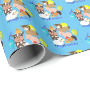 Cartoon Farm Animals Cute Personalized Birthday Wrapping Paper by Flissitations at Zazzle