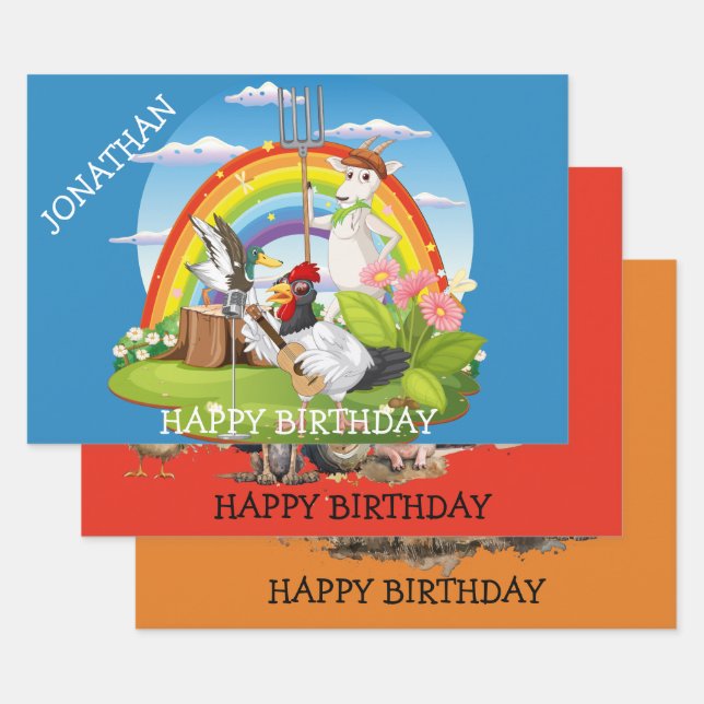 Cartoon Farm Animals. Editable x 3 Wrapping Paper Sheets (Set)