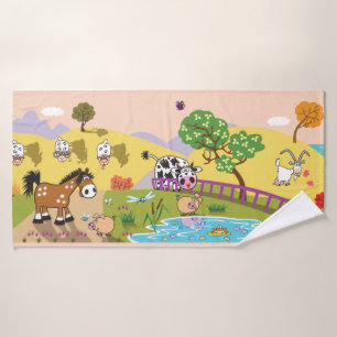 cartoon farm animals in the countryside bath towel set