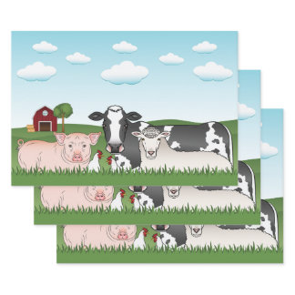 Cartoon Farm Animals With Green Grass And Blue Sky Wrapping Paper Sheets