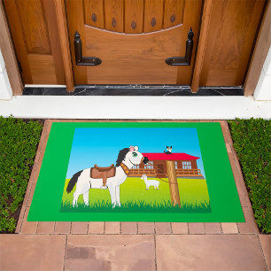 Cartoon Farm Scene with Horse Cat and Goat Doormat