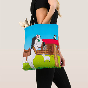Cartoon Farm Scene with Horse Cat and Goat Tote Bag