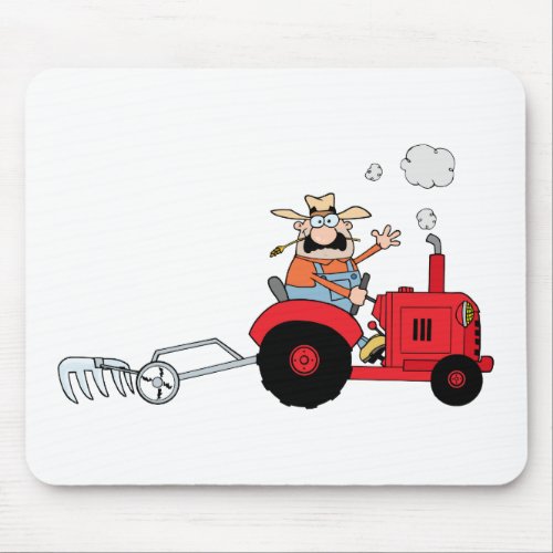 Cartoon Farmer Driving A Red Tractor Mouse Pad