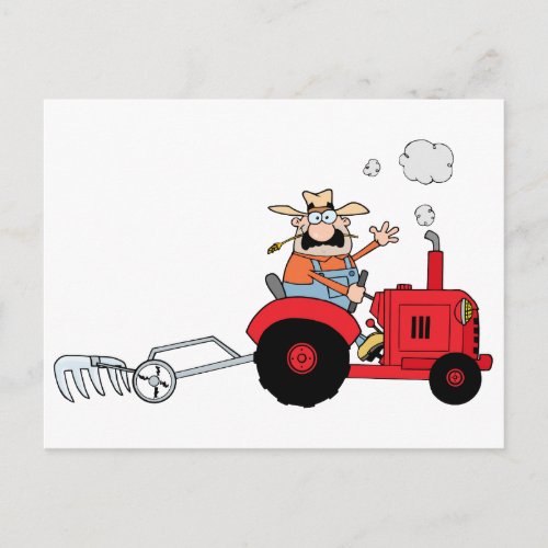 Cartoon Farmer Driving A Red Tractor Postcard