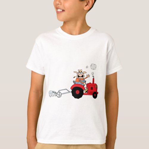 Cartoon Farmer Driving A Red Tractor T_Shirt