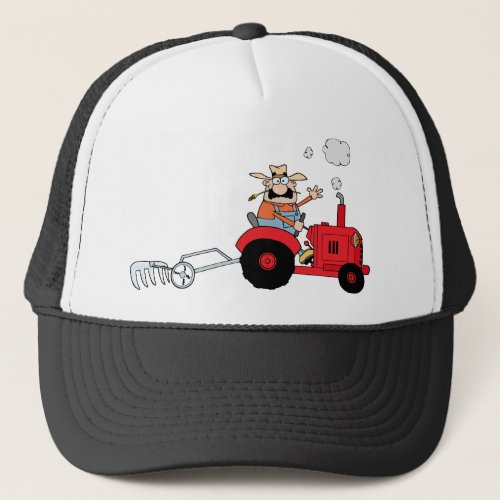 Cartoon Farmer Driving A Red Tractor Trucker Hat